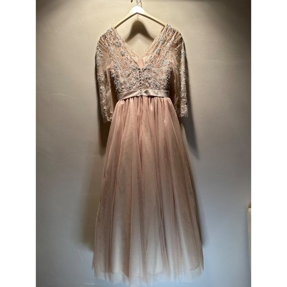 Ivory Hand embroidered sequins A-line V-neck Puffy Long Tulle wedding dress Sz 6 - Picture 2 of 14